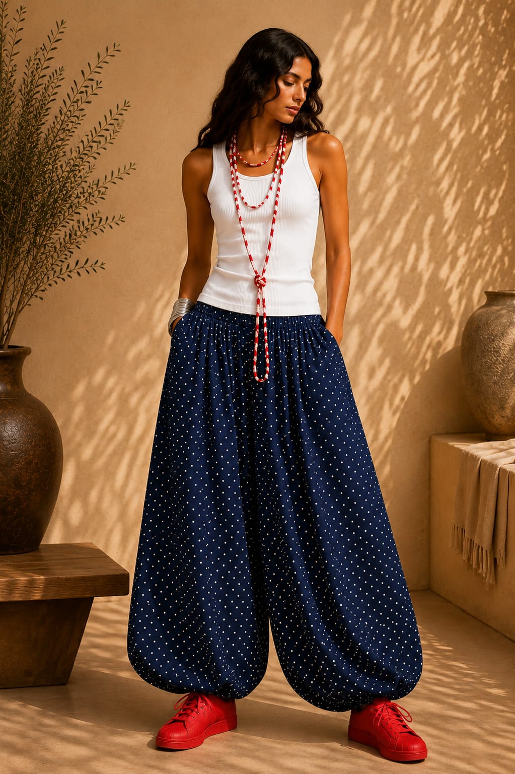 TAMA Balloon Pants — Navy Polka Dot