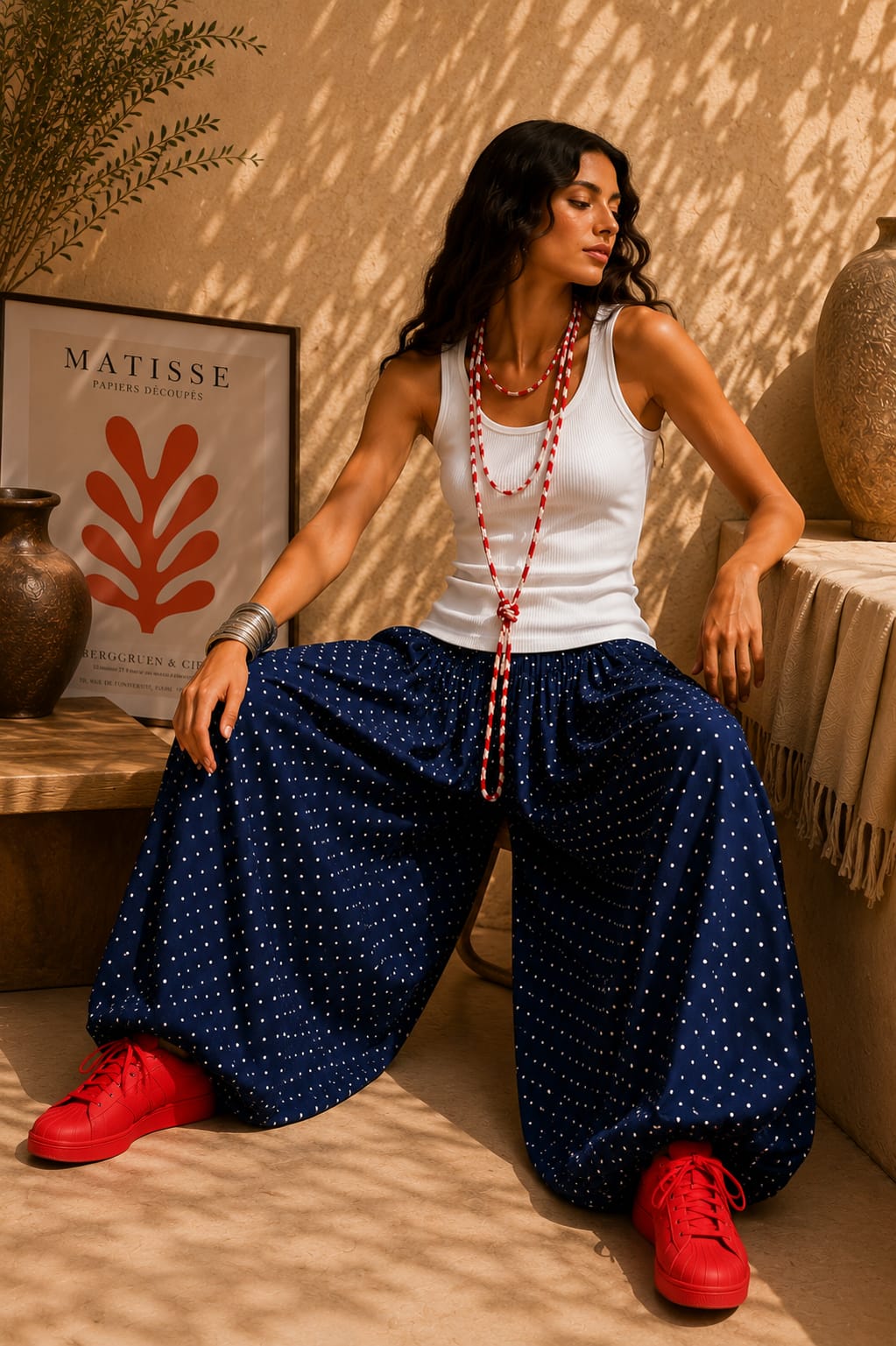 TAMA Balloon Pants — Navy Polka Dot